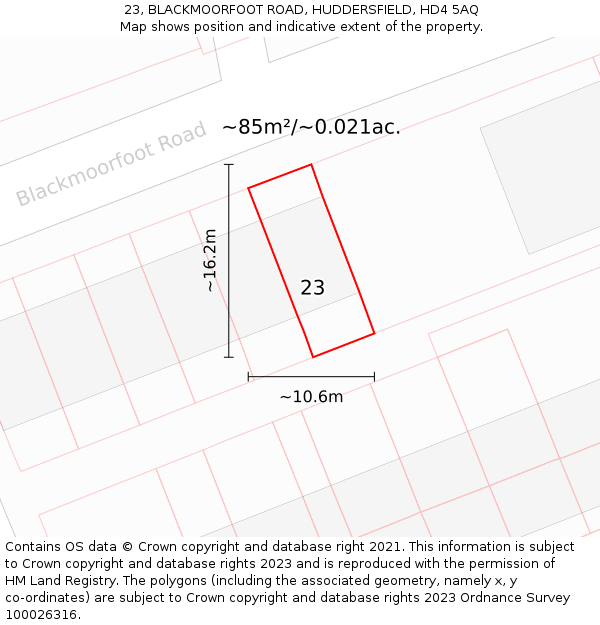 23, BLACKMOORFOOT ROAD, HUDDERSFIELD, HD4 5AQ: Plot and title map
