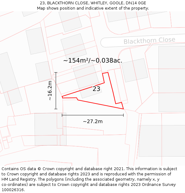 23, BLACKTHORN CLOSE, WHITLEY, GOOLE, DN14 0GE: Plot and title map