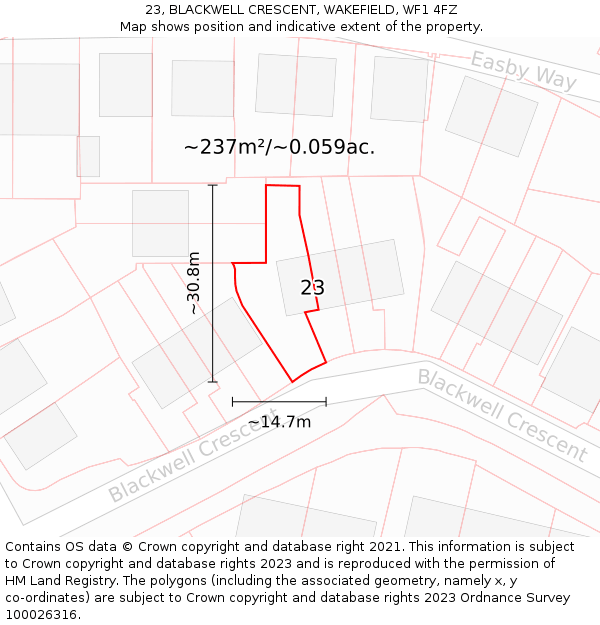 23, BLACKWELL CRESCENT, WAKEFIELD, WF1 4FZ: Plot and title map