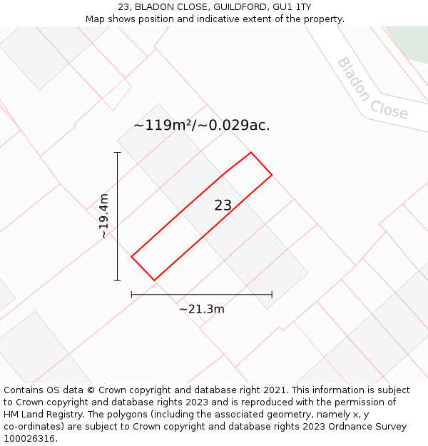 23, BLADON CLOSE, GUILDFORD, GU1 1TY: Plot and title map