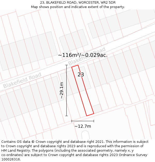 23, BLAKEFIELD ROAD, WORCESTER, WR2 5DR: Plot and title map