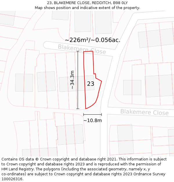 23, BLAKEMERE CLOSE, REDDITCH, B98 0LY: Plot and title map