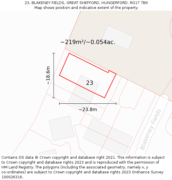 23, BLAKENEY FIELDS, GREAT SHEFFORD, HUNGERFORD, RG17 7BX: Plot and title map