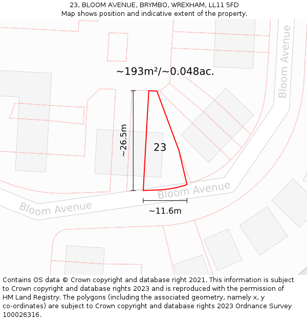 23, BLOOM AVENUE, BRYMBO, WREXHAM, LL11 5FD: Plot and title map