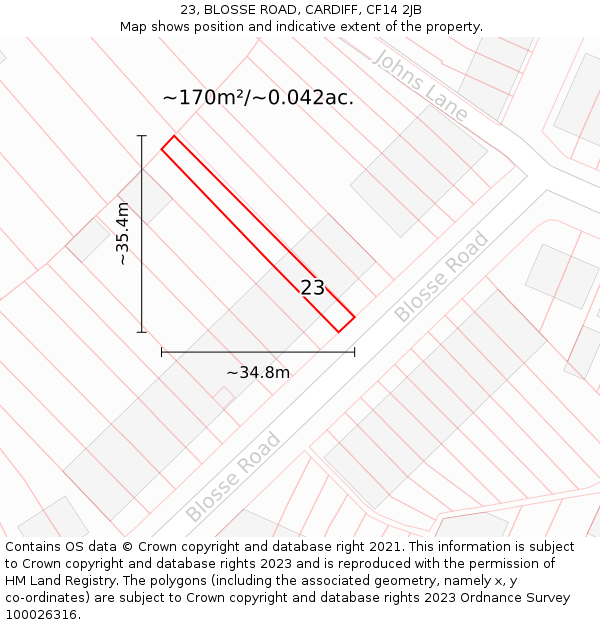 23, BLOSSE ROAD, CARDIFF, CF14 2JB: Plot and title map
