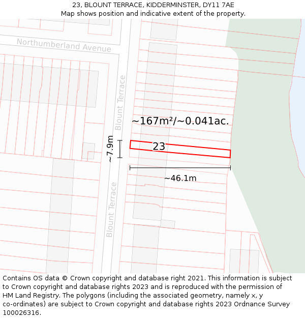 23, BLOUNT TERRACE, KIDDERMINSTER, DY11 7AE: Plot and title map