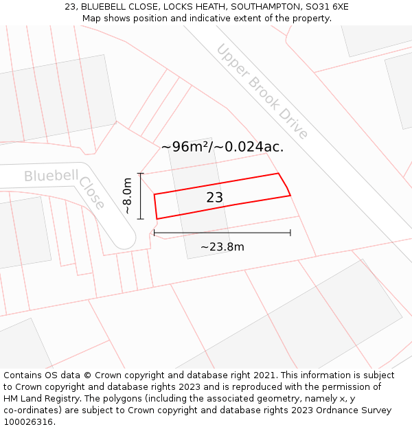23, BLUEBELL CLOSE, LOCKS HEATH, SOUTHAMPTON, SO31 6XE: Plot and title map