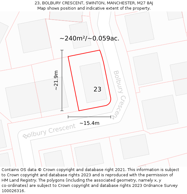 23, BOLBURY CRESCENT, SWINTON, MANCHESTER, M27 8AJ: Plot and title map