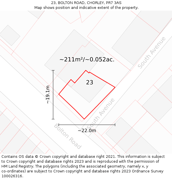 23, BOLTON ROAD, CHORLEY, PR7 3AS: Plot and title map