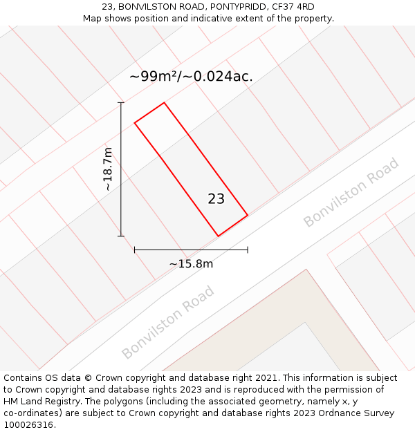 23, BONVILSTON ROAD, PONTYPRIDD, CF37 4RD: Plot and title map