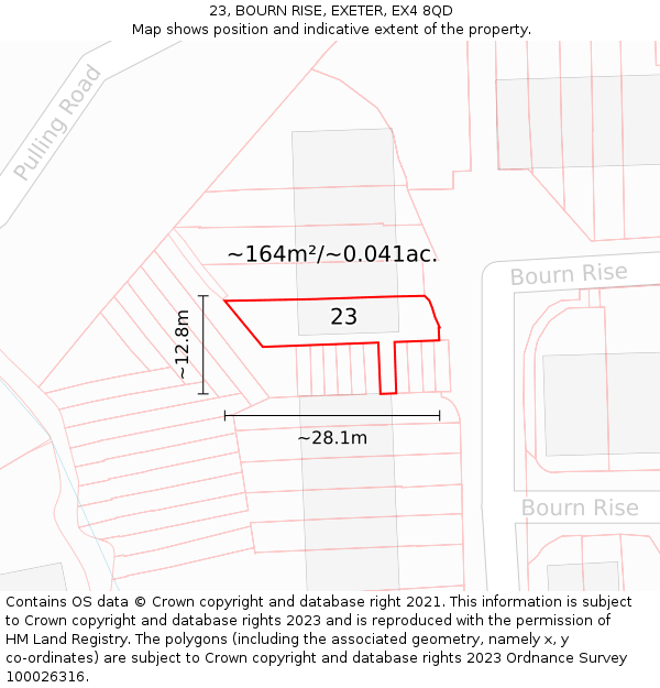 23, BOURN RISE, EXETER, EX4 8QD: Plot and title map