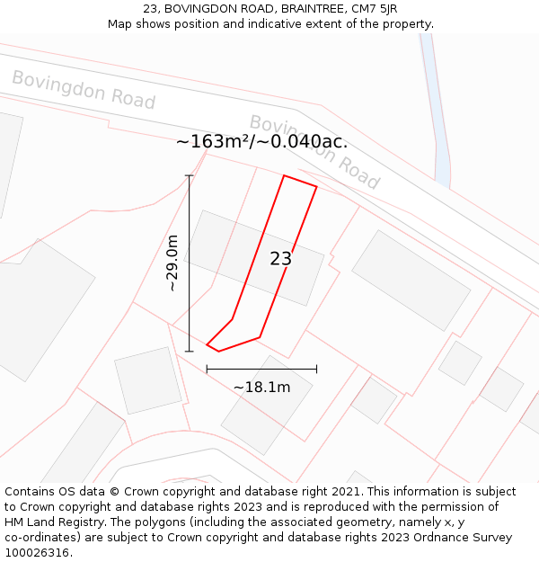 23, BOVINGDON ROAD, BRAINTREE, CM7 5JR: Plot and title map