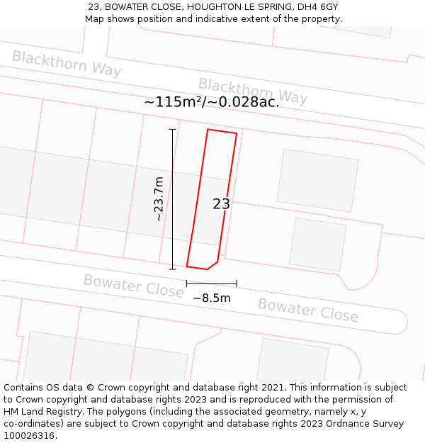 23, BOWATER CLOSE, HOUGHTON LE SPRING, DH4 6GY: Plot and title map