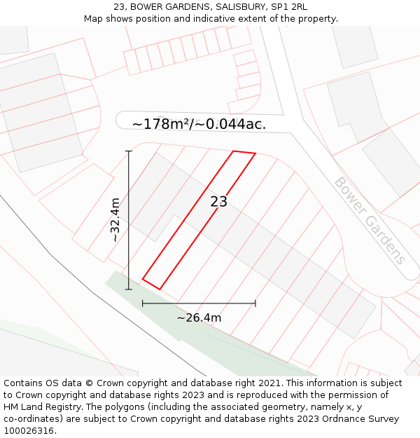 23, BOWER GARDENS, SALISBURY, SP1 2RL: Plot and title map