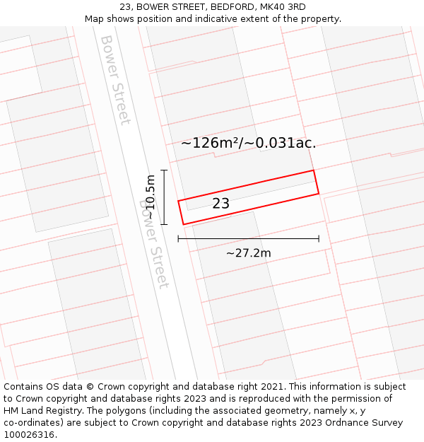 23, BOWER STREET, BEDFORD, MK40 3RD: Plot and title map