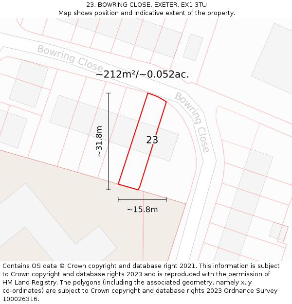 23, BOWRING CLOSE, EXETER, EX1 3TU: Plot and title map