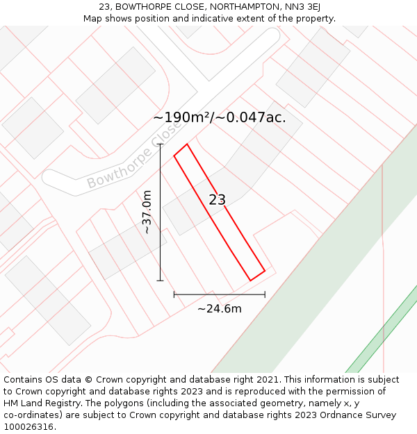 23, BOWTHORPE CLOSE, NORTHAMPTON, NN3 3EJ: Plot and title map