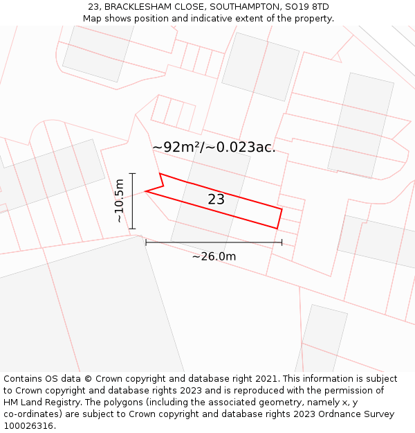 23, BRACKLESHAM CLOSE, SOUTHAMPTON, SO19 8TD: Plot and title map