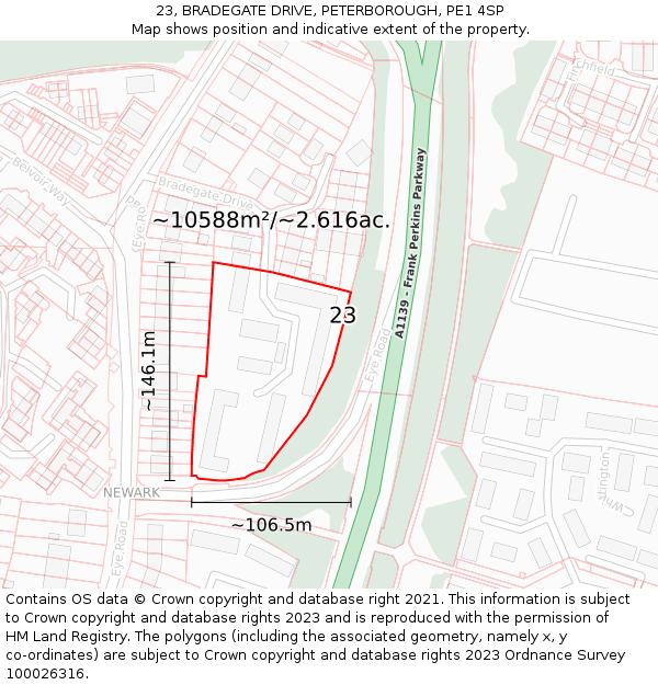 23, BRADEGATE DRIVE, PETERBOROUGH, PE1 4SP: Plot and title map