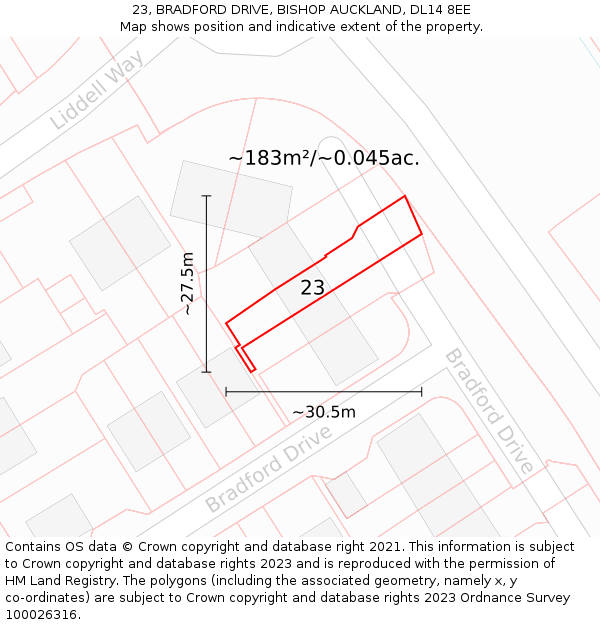 23, BRADFORD DRIVE, BISHOP AUCKLAND, DL14 8EE: Plot and title map