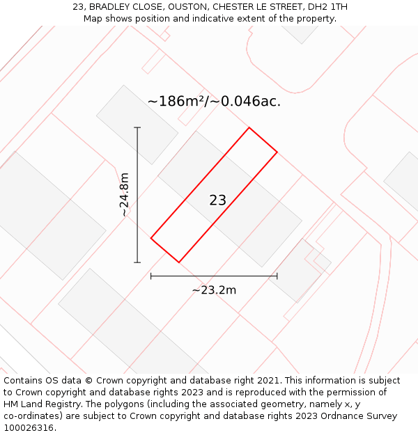23, BRADLEY CLOSE, OUSTON, CHESTER LE STREET, DH2 1TH: Plot and title map