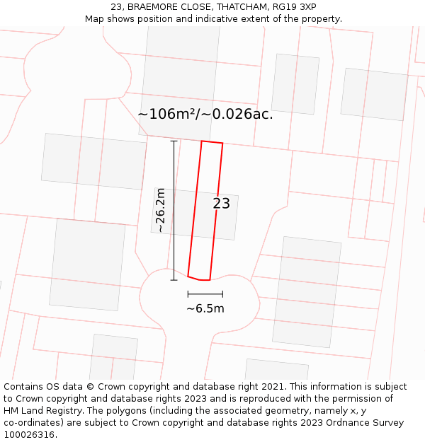 23, BRAEMORE CLOSE, THATCHAM, RG19 3XP: Plot and title map