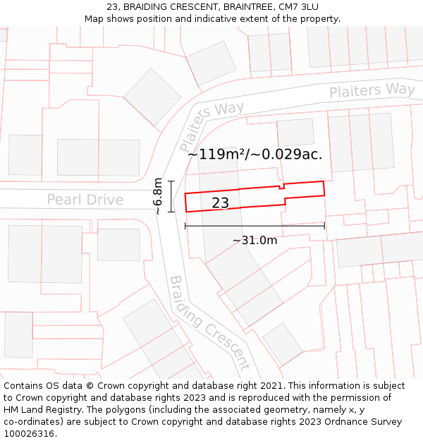 23, BRAIDING CRESCENT, BRAINTREE, CM7 3LU: Plot and title map