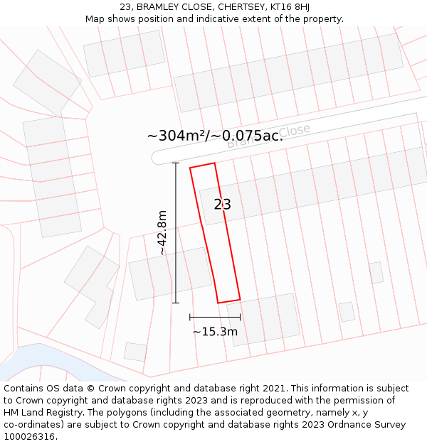 23, BRAMLEY CLOSE, CHERTSEY, KT16 8HJ: Plot and title map