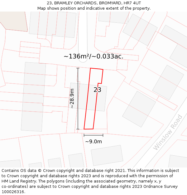 23, BRAMLEY ORCHARDS, BROMYARD, HR7 4UT: Plot and title map