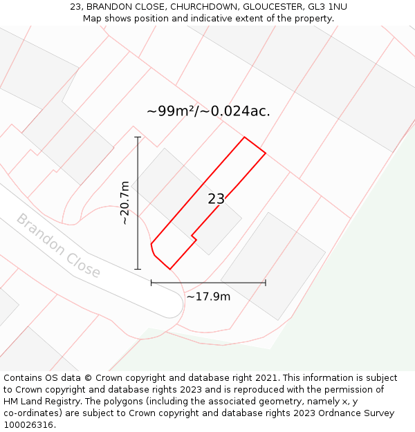 23, BRANDON CLOSE, CHURCHDOWN, GLOUCESTER, GL3 1NU: Plot and title map