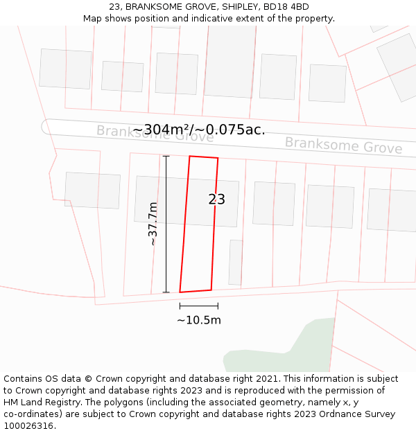 23, BRANKSOME GROVE, SHIPLEY, BD18 4BD: Plot and title map