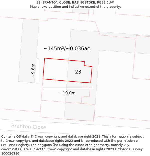23, BRANTON CLOSE, BASINGSTOKE, RG22 6UW: Plot and title map