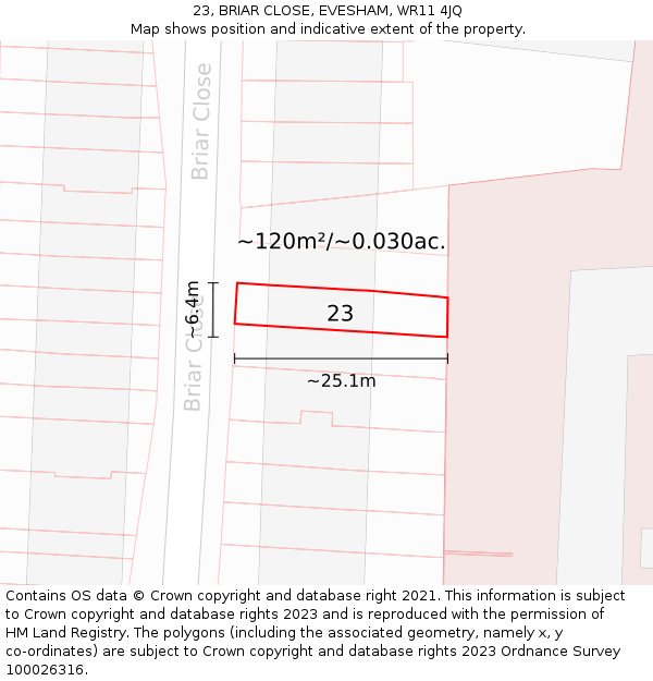 23, BRIAR CLOSE, EVESHAM, WR11 4JQ: Plot and title map
