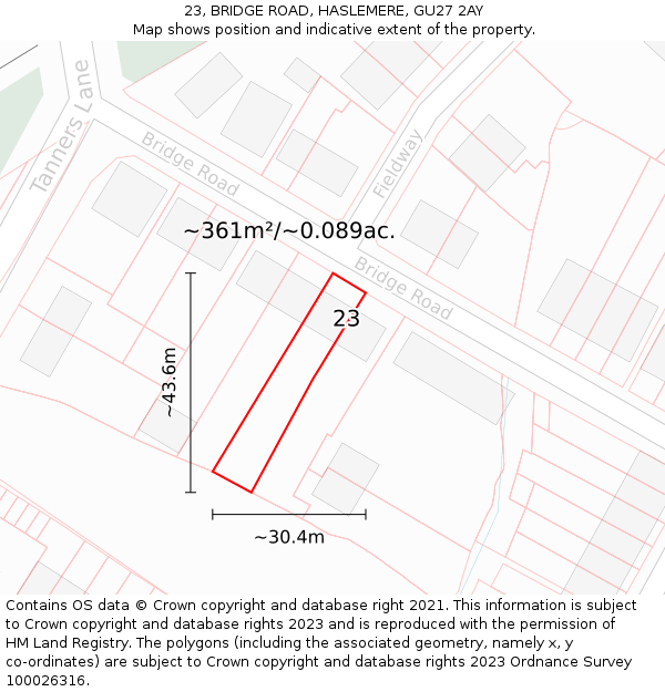 23, BRIDGE ROAD, HASLEMERE, GU27 2AY: Plot and title map