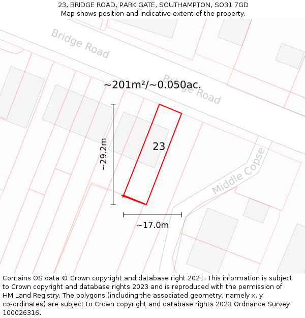 23, BRIDGE ROAD, PARK GATE, SOUTHAMPTON, SO31 7GD: Plot and title map