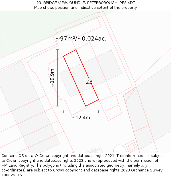 23, BRIDGE VIEW, OUNDLE, PETERBOROUGH, PE8 4DT: Plot and title map