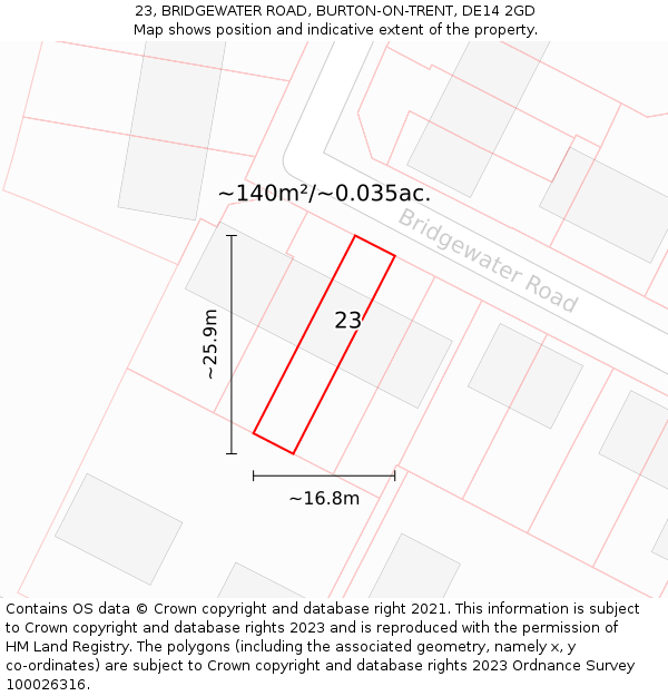 23, BRIDGEWATER ROAD, BURTON-ON-TRENT, DE14 2GD: Plot and title map