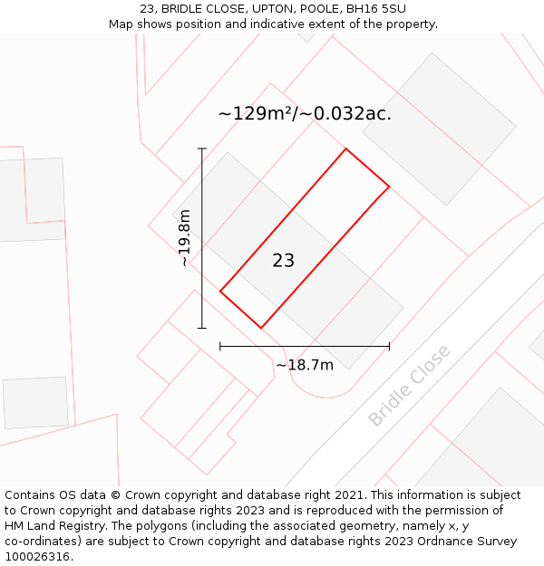 23, BRIDLE CLOSE, UPTON, POOLE, BH16 5SU: Plot and title map