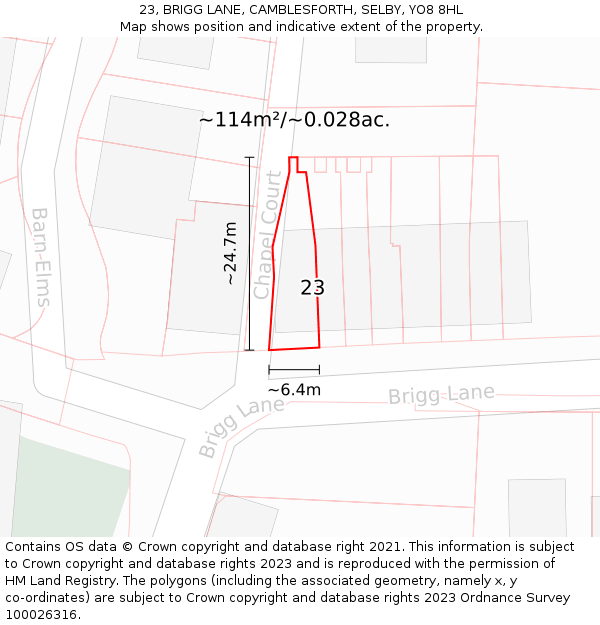 23, BRIGG LANE, CAMBLESFORTH, SELBY, YO8 8HL: Plot and title map