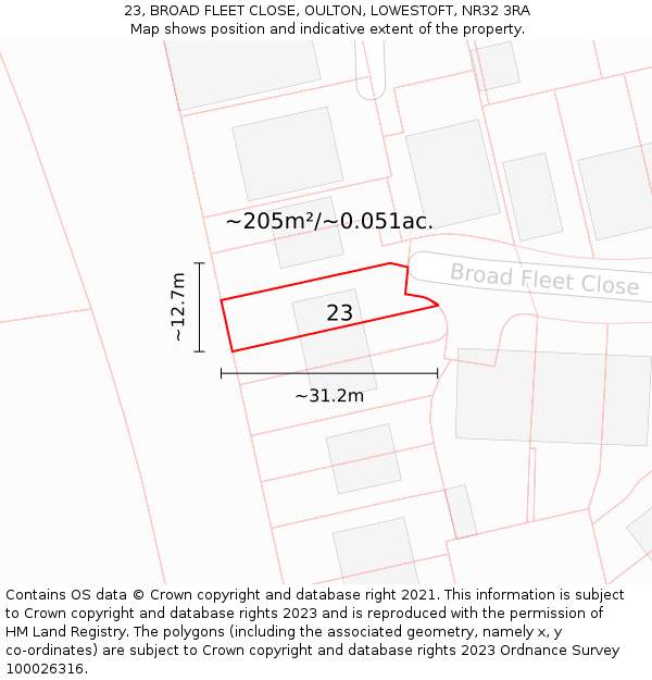 23, BROAD FLEET CLOSE, OULTON, LOWESTOFT, NR32 3RA: Plot and title map