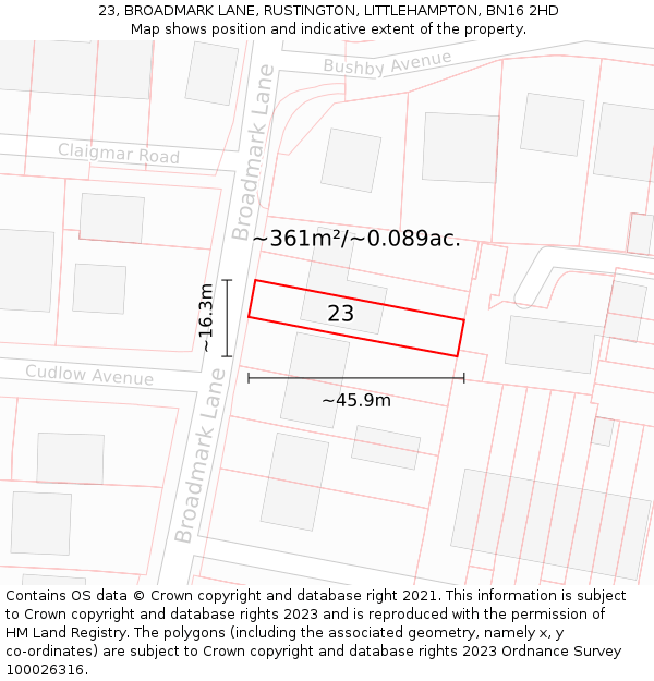 23, BROADMARK LANE, RUSTINGTON, LITTLEHAMPTON, BN16 2HD: Plot and title map
