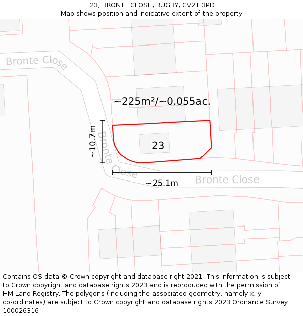 23, BRONTE CLOSE, RUGBY, CV21 3PD: Plot and title map