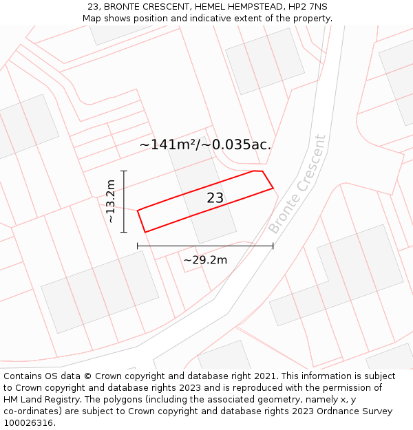 23, BRONTE CRESCENT, HEMEL HEMPSTEAD, HP2 7NS: Plot and title map