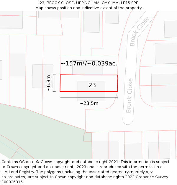 23, BROOK CLOSE, UPPINGHAM, OAKHAM, LE15 9PE: Plot and title map