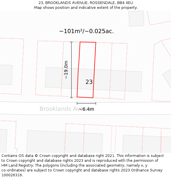 23, BROOKLANDS AVENUE, ROSSENDALE, BB4 4EU: Plot and title map
