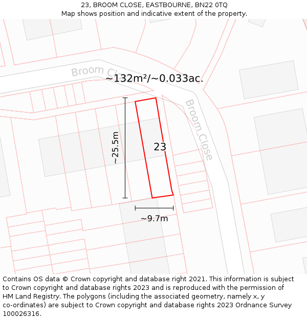 23, BROOM CLOSE, EASTBOURNE, BN22 0TQ: Plot and title map