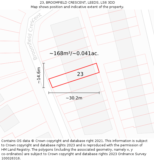 23, BROOMFIELD CRESCENT, LEEDS, LS6 3DD: Plot and title map