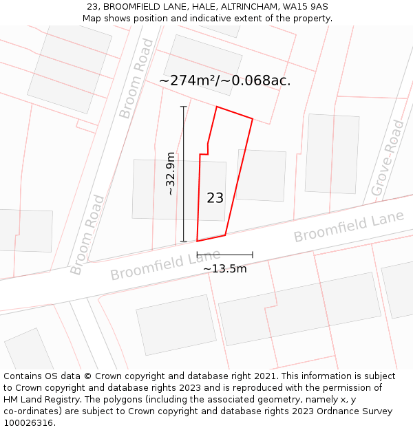 23, BROOMFIELD LANE, HALE, ALTRINCHAM, WA15 9AS: Plot and title map