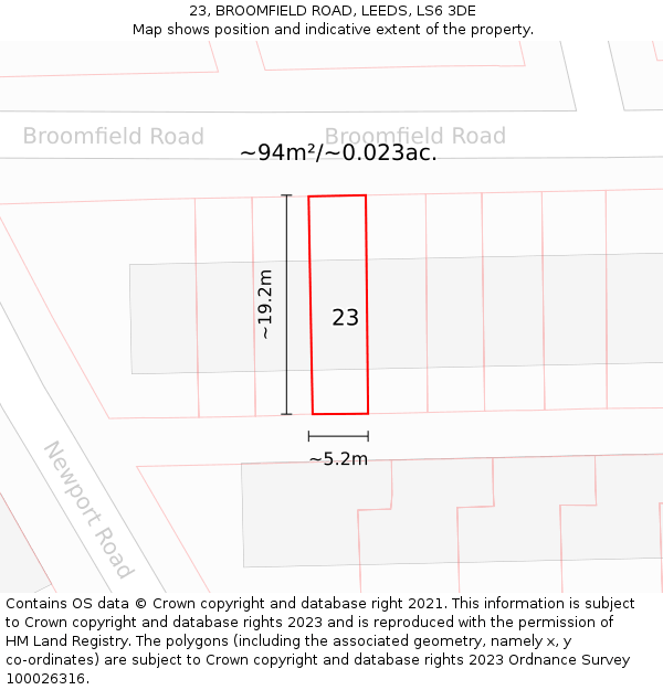 23, BROOMFIELD ROAD, LEEDS, LS6 3DE: Plot and title map