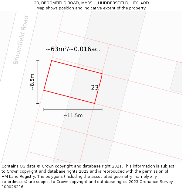 23, BROOMFIELD ROAD, MARSH, HUDDERSFIELD, HD1 4QD: Plot and title map